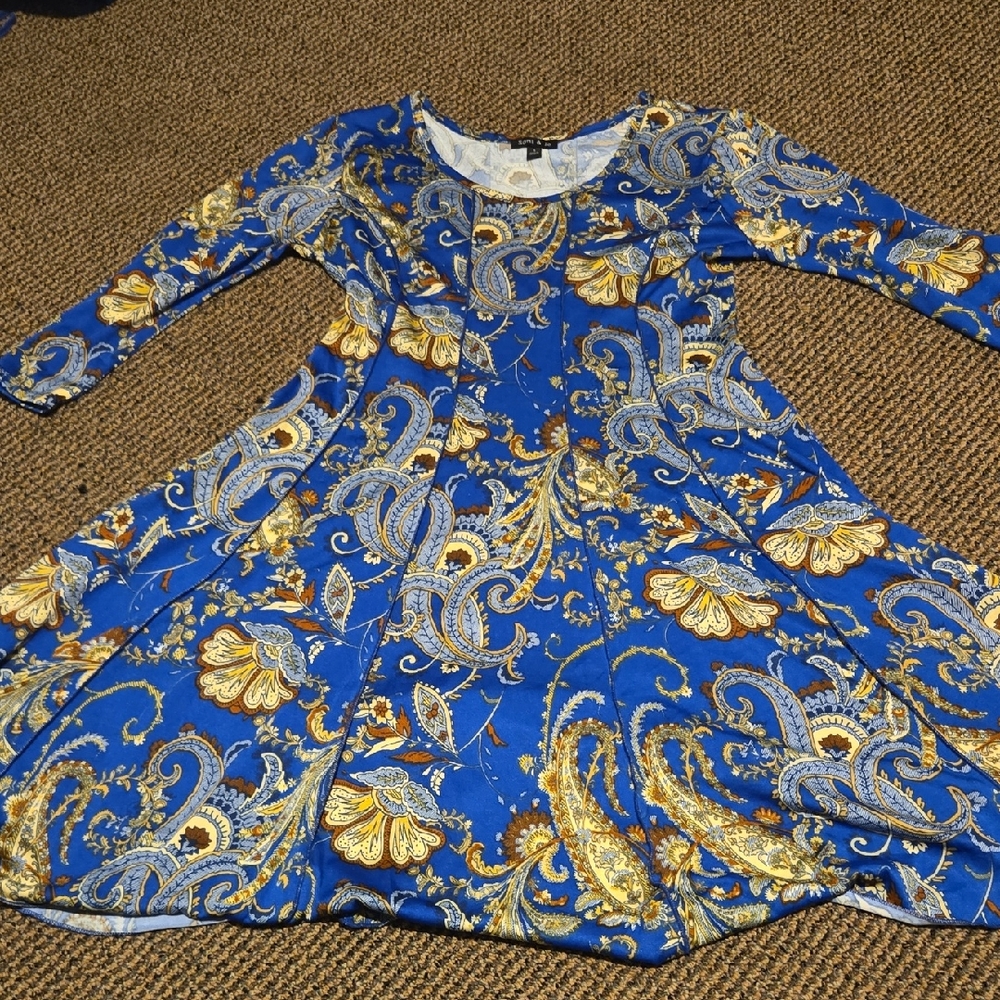 Sami & Jo Long Sleeved Paisley Raw Hem A-line Midi Blue Dress 💫